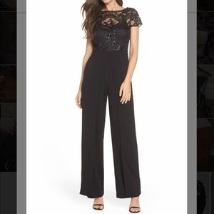 Adrianna Papell Black Sequin Beaded Sheer Jumpsuit